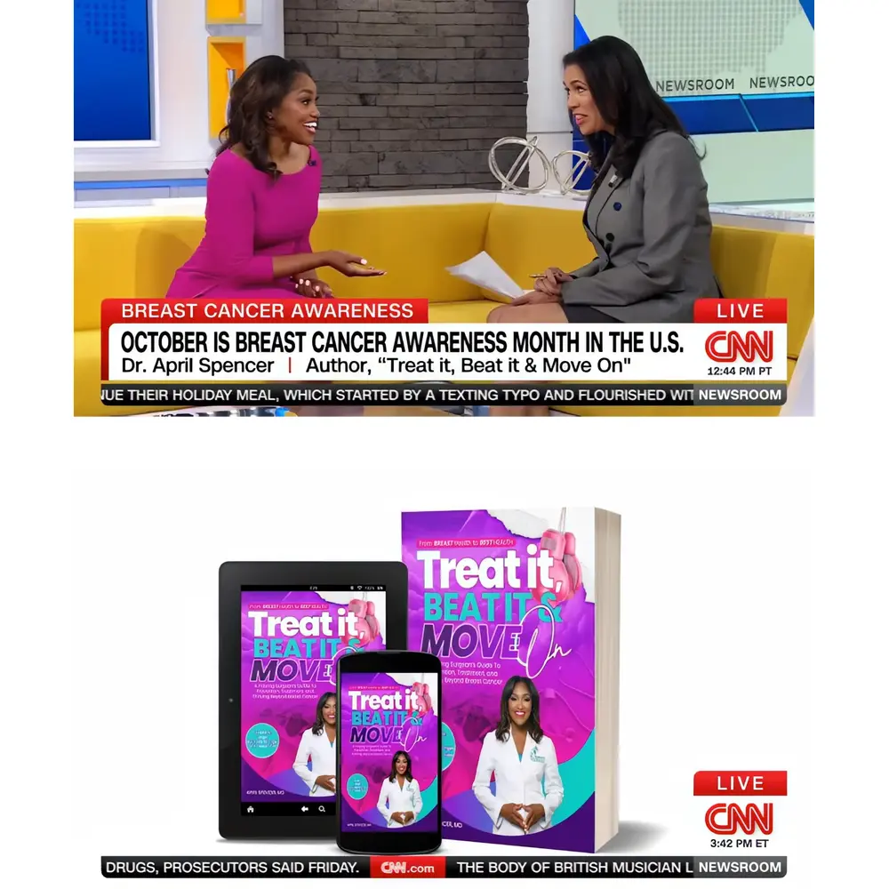 Dr. April Spencer Featured on CNN to Discuss the Current State of Breast Cancer and Her New Book “Treat it, Beat it & Move On!”
In a powerful interview with CNN anchor Fredricka Whitfield, Dr. April Spencer, a leading breast cancer surgeon and author, shared vital insights on the current state of breast cancer, including rising trends in young women, the importance of early detection, and innovative treatments that are changing lives.
Dr. Spencer also introduced her new book, Treat it, Beat it & Move On, a spiritual guide for patients navigating the cancer journey, offering a holistic approach to prevention, treatment, and thriving beyond a diagnosis. This CNN segment offers hope and essential strategies for thriving through breast cancer and life’s challenges, empowering audiences everywhere.